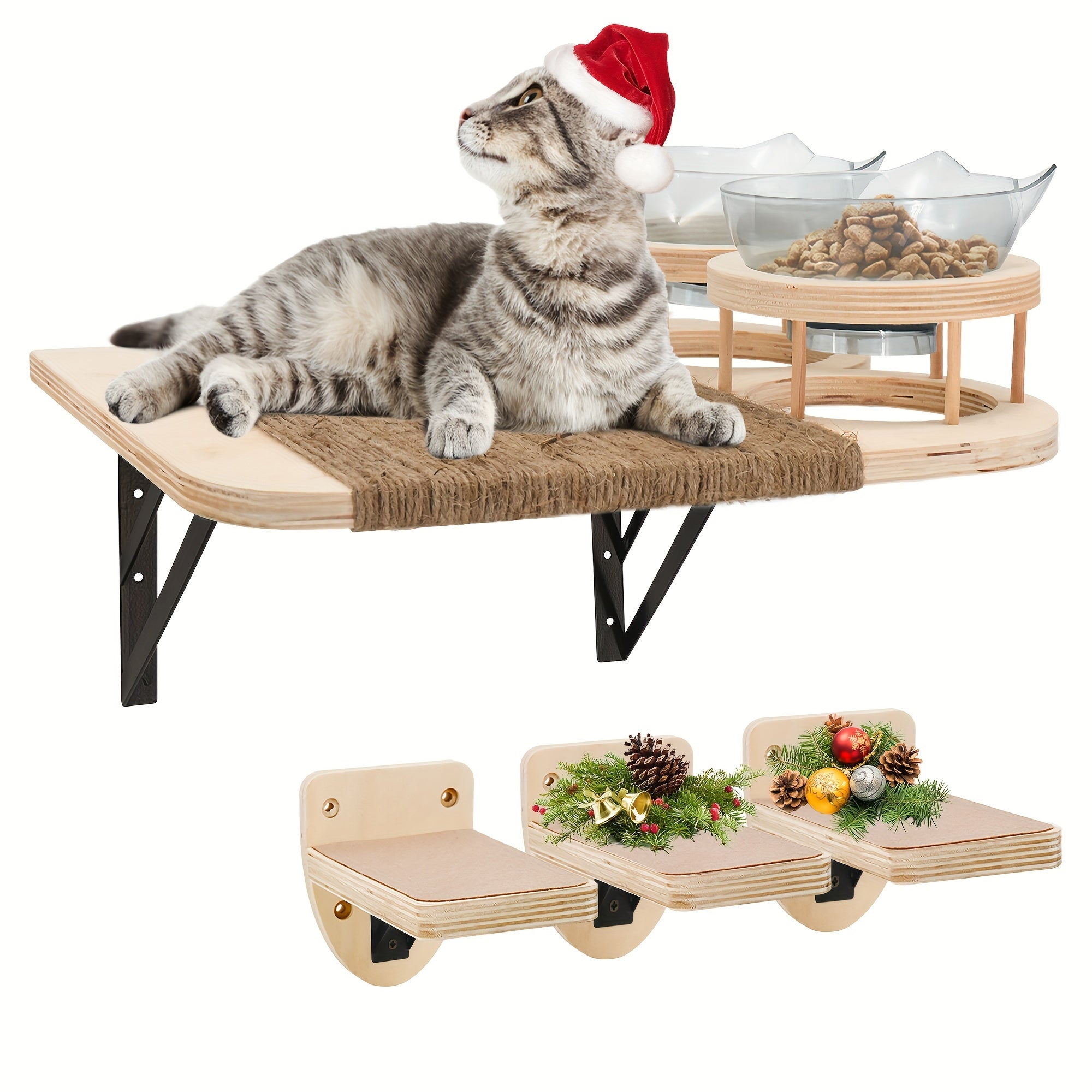 Festive light wood cat perch wall mount adorned with Christmas decorations and practical food bowls