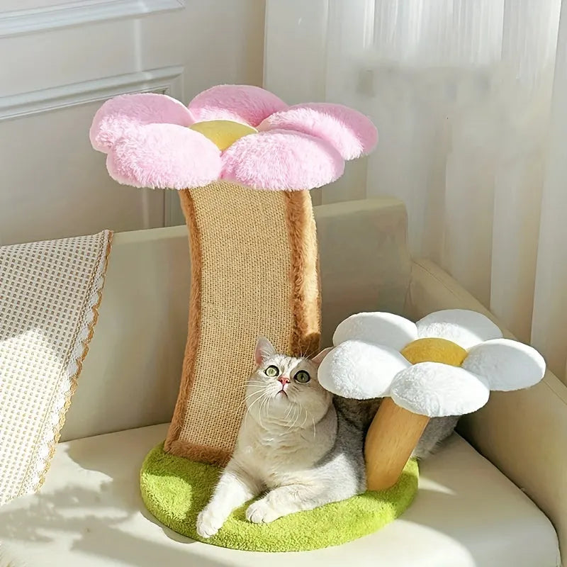 A cozy Flower Cat Tree featuring a pink flower design, with a cat relaxing at the base, enjoying the plush and scratchable surface.