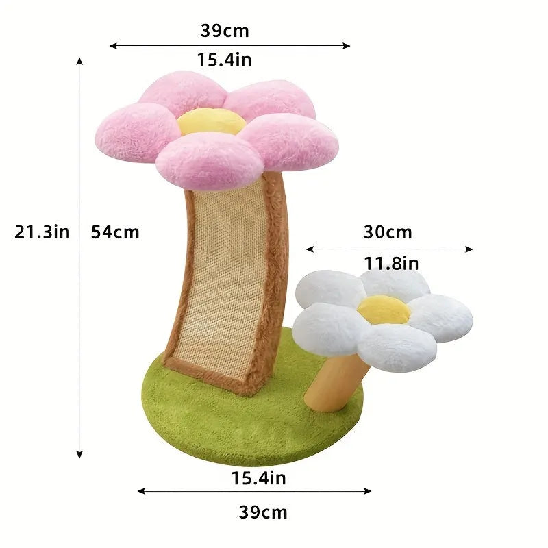 Flower Cat Tree with detailed dimensions: 54 cm tall, featuring a pink flower scratching post and a smaller white flower design on a green base