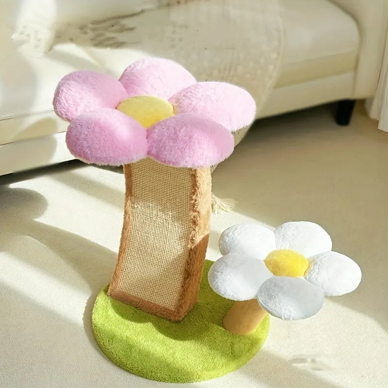 Flower Cat Tree with a pink flower scratching post and a white flower companion, beautifully placed in a sunlit room with soft light.