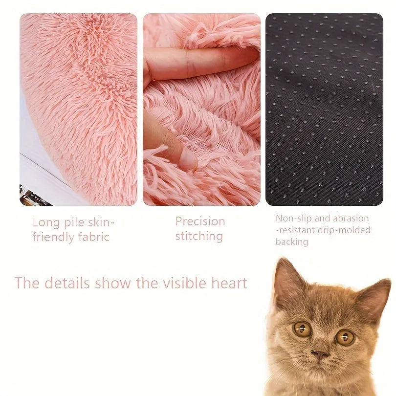 Close-up of a fluffy cat bed showcasing skin-friendly fabric, precision stitching, and a non-slip base. The best Cute Cat Beds for comfort and safety.