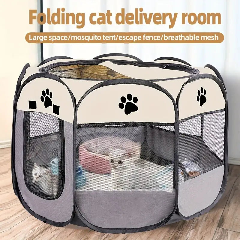 Foldable indoor cat cage designed as a delivery room, featuring breathable mesh panels and a spacious interior.