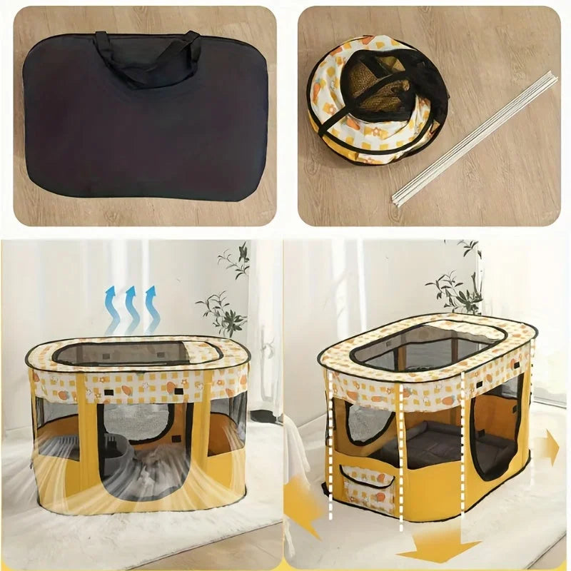 Foldable cat house for indoor cats with a portable storage bag.