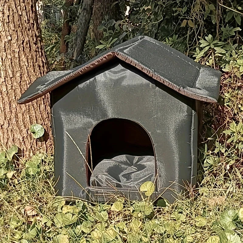 Front view of an outdoor shelter for stray cats with a waterproof exterior