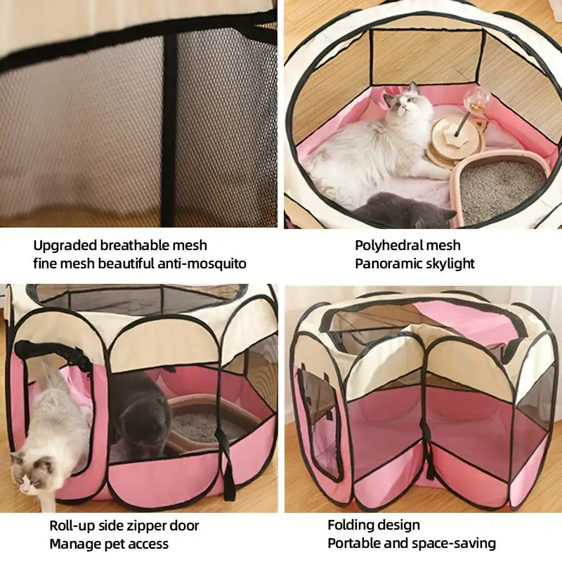 Functional indoor cat cage showcasing upgraded mesh, panoramic skylight, and foldable design for easy storage.