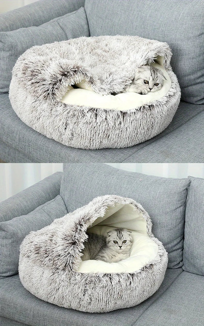 A gray Furb Cat Bed with a comfortable design, featuring a relaxed cat enjoying its cozy space.