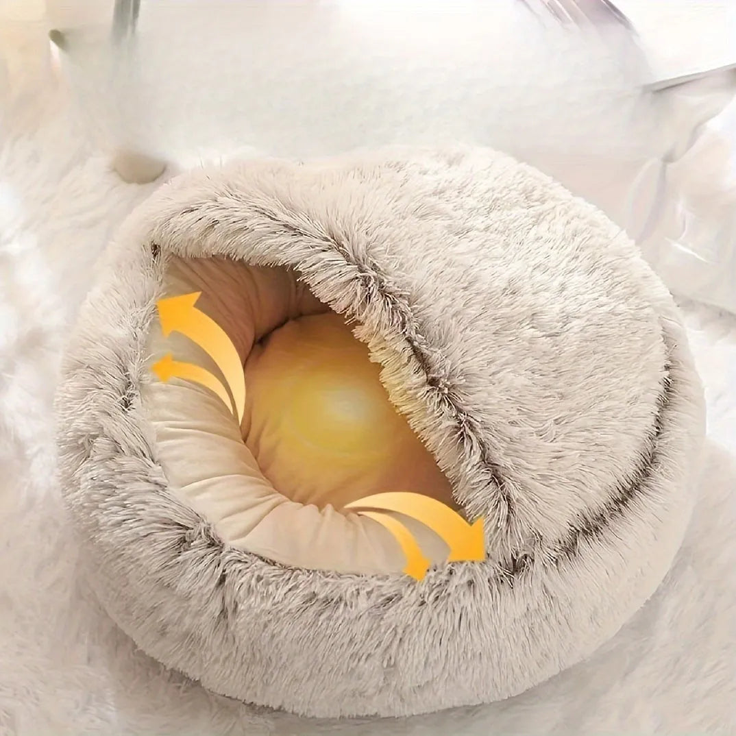 Heated Furb Cat Bed with a soft plush surface, designed for optimal warmth and comfort.