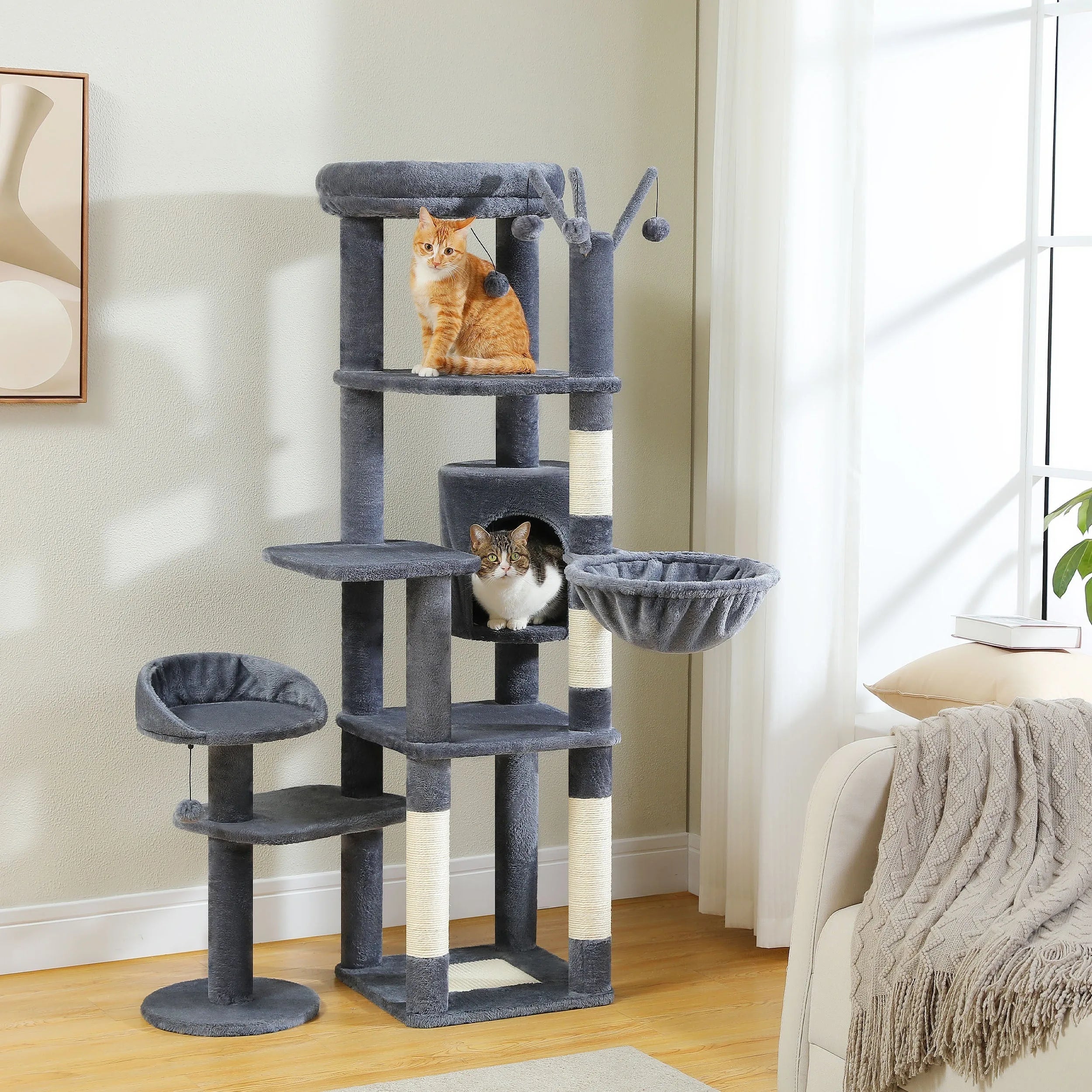 Close-up of the cactus cat tree features, showcasing the detachable top bed, replaceable pompoms, machine washable material, and natural sisal scratching post."