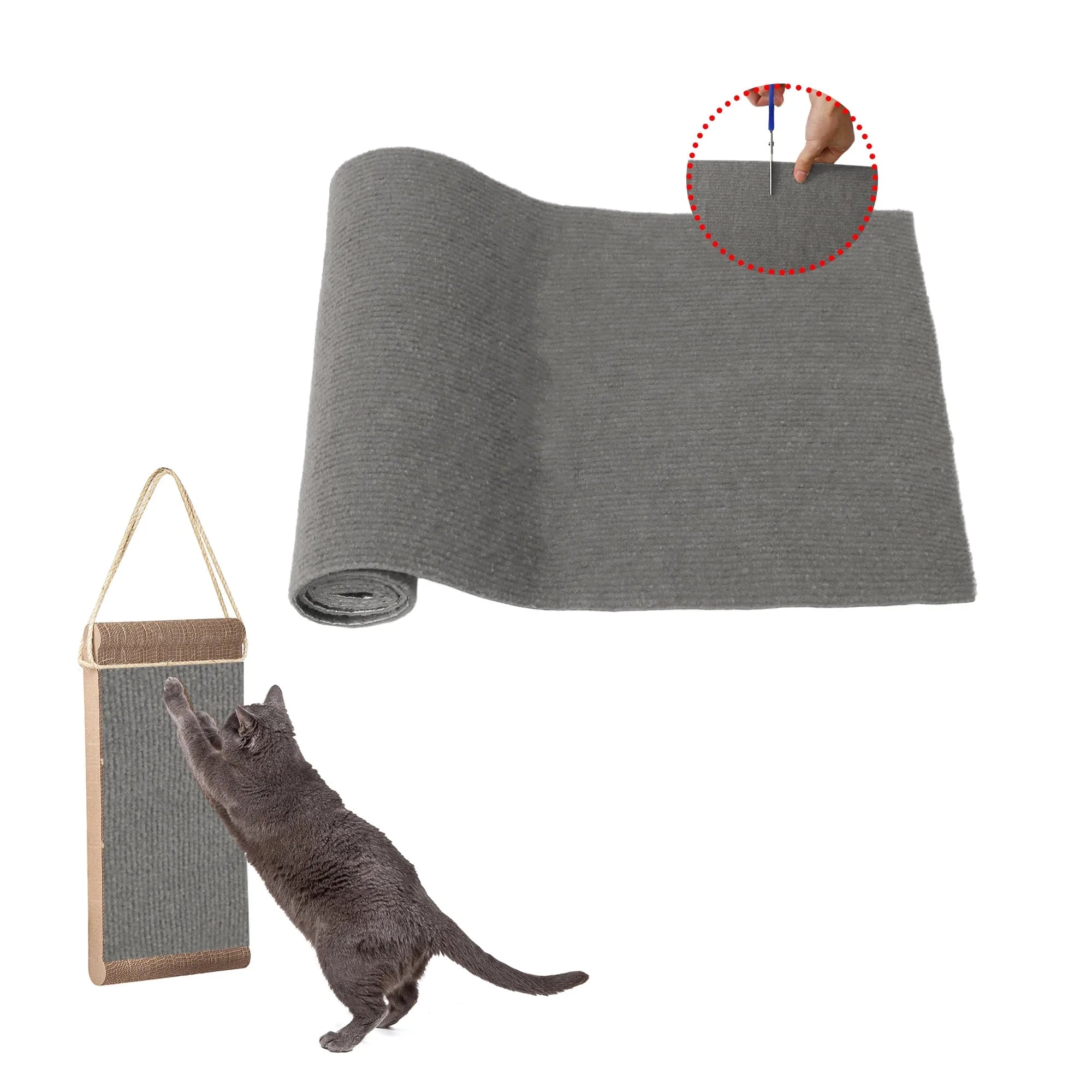 A soft gray cat scratching pad, designed for easy wall mounting and climbing practice.