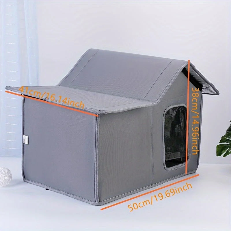 Gray stray cat house with dimensions 50cm x 41cm x 38cm highlighted for reference