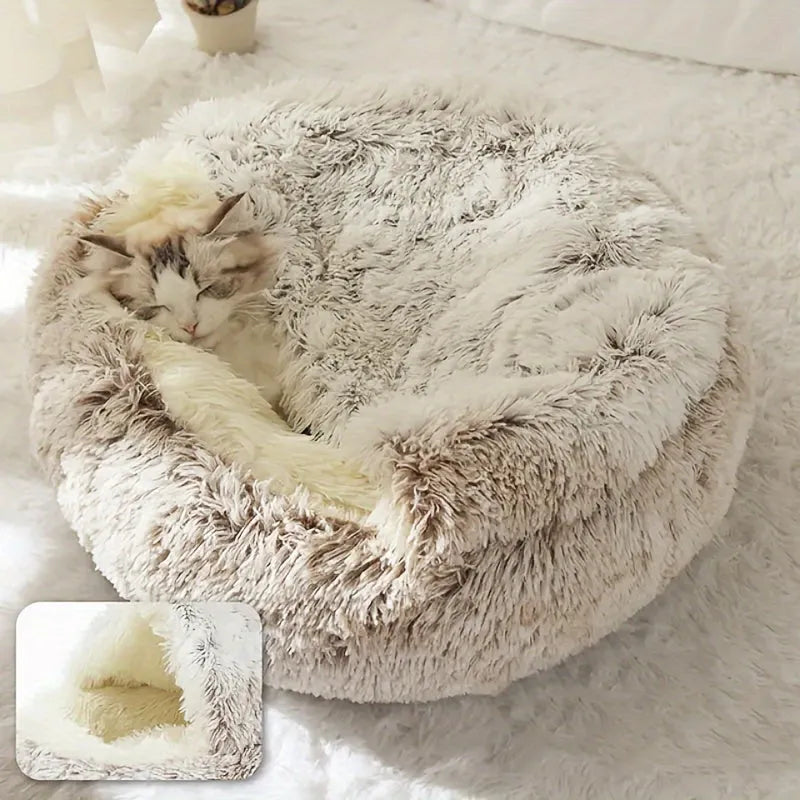 A warm and inviting brown plush cat bed designed as a retreat for your pet, ensuring maximum comfort.