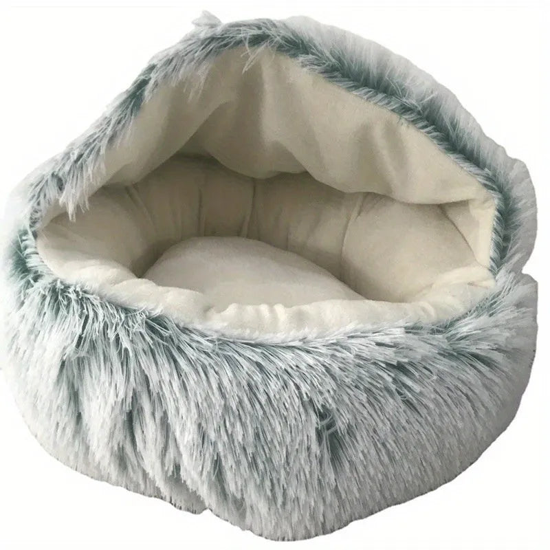 A fluffy gray cat bed with a warm and soft cushion, 