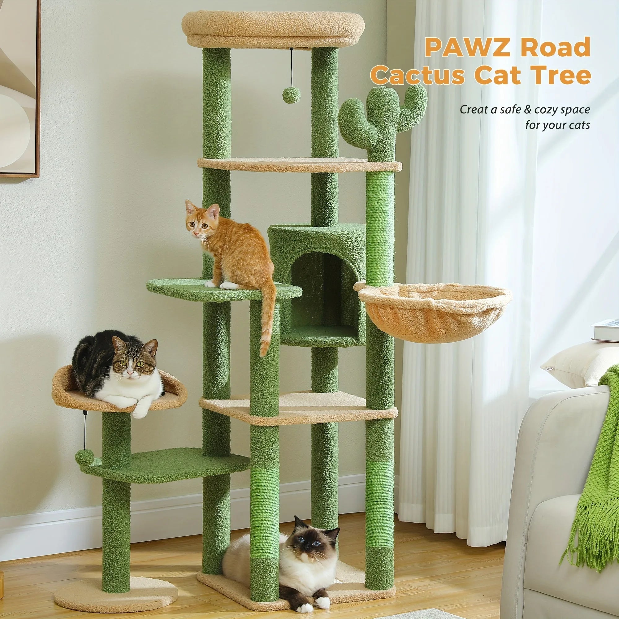 A vibrant green cactus cat tree with beige accents, offering a cactus-themed design, multi-level platforms, and a spacious lounging area for cats."