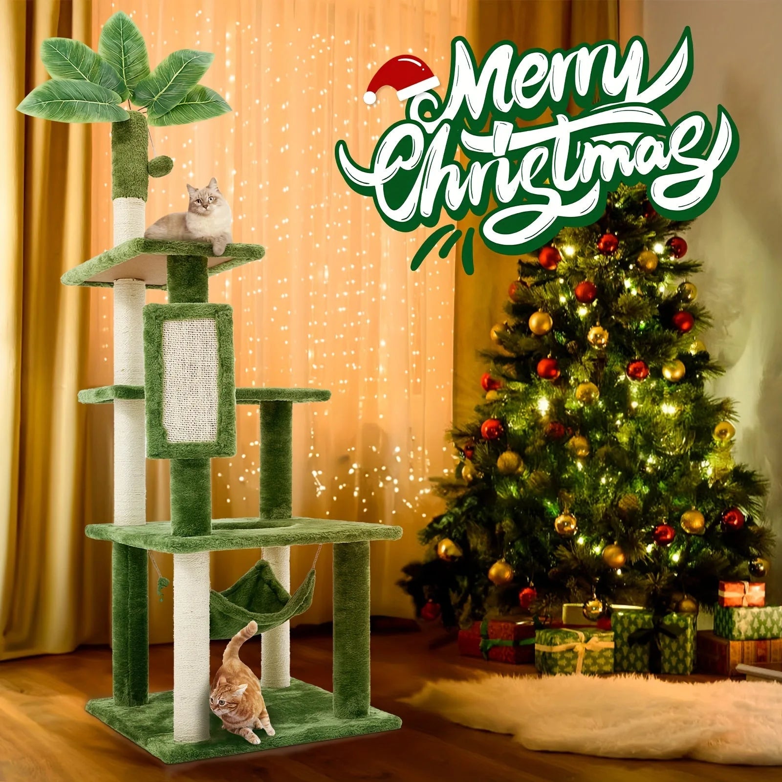 Cat Scratch Tower with Christmas tree background, perfect holiday-themed pet furniture