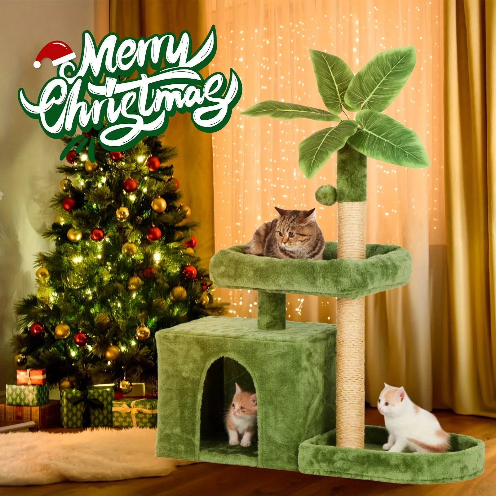 Festive Cat Scratch Tower featuring cozy green design next to a decorated Christmas tree