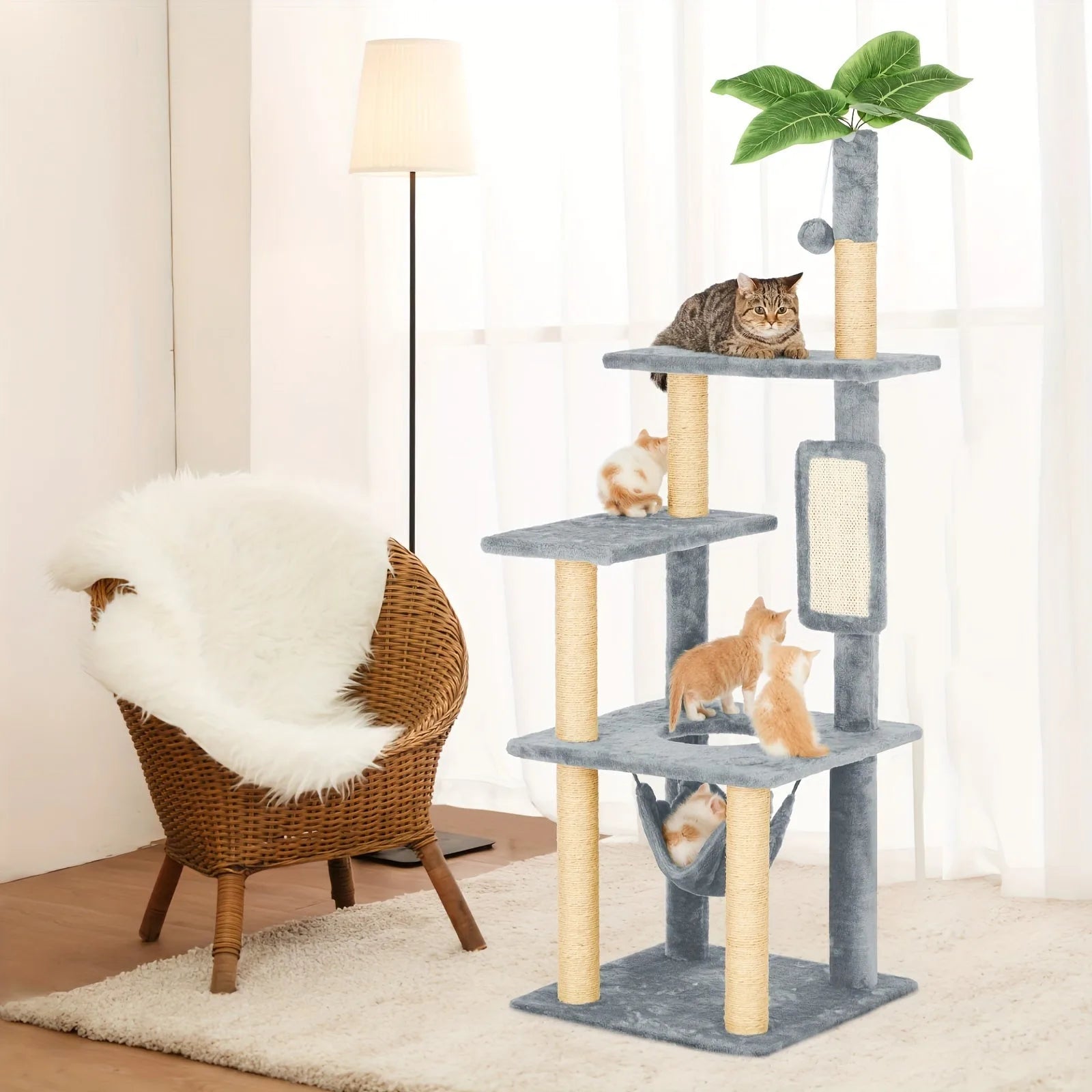 Gray Cat Scratch Tower with multiple levels, scratch posts, and hammock for kittens