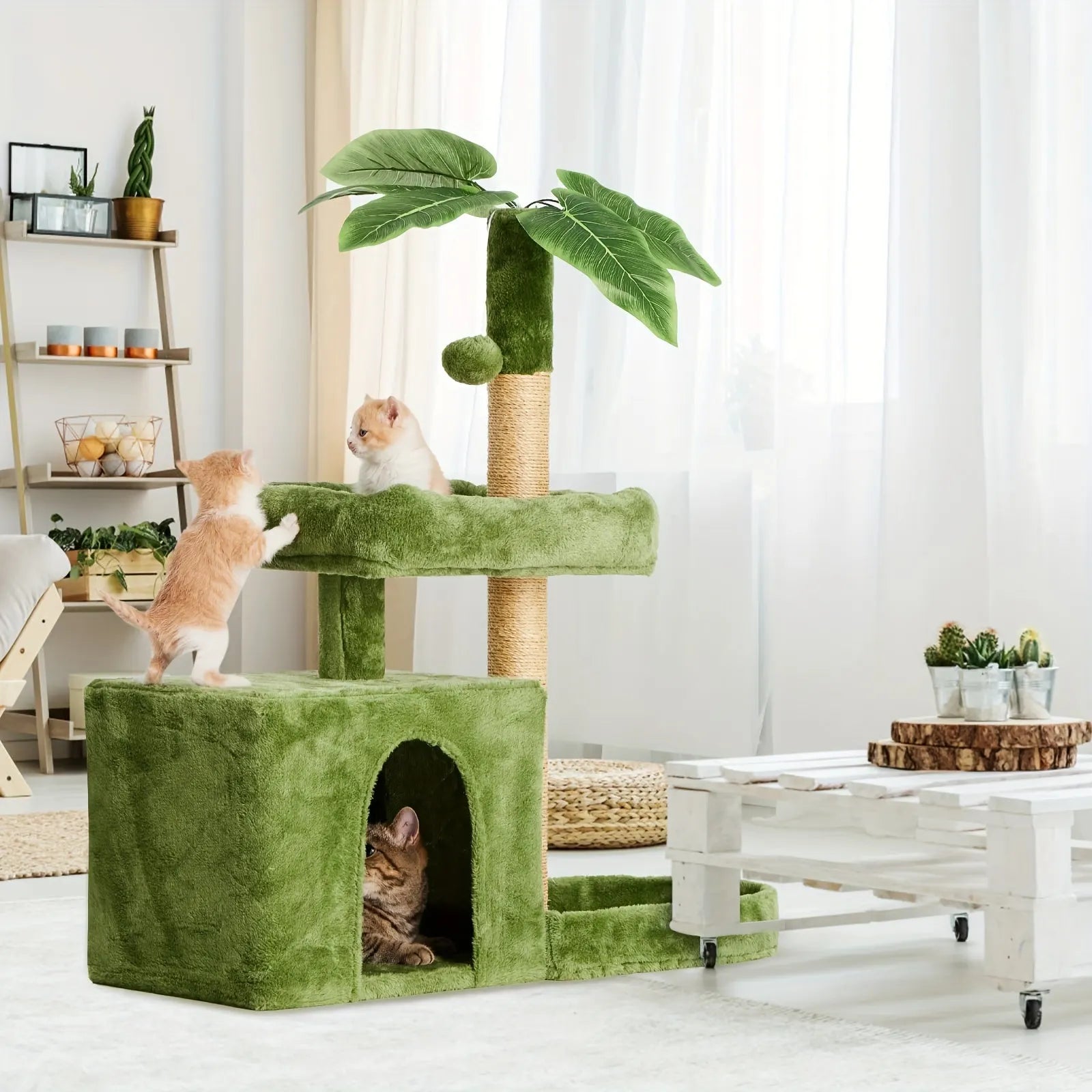 Modern Cat Scratch Tower featuring green design, palm leaves, and cozy hideouts for cats