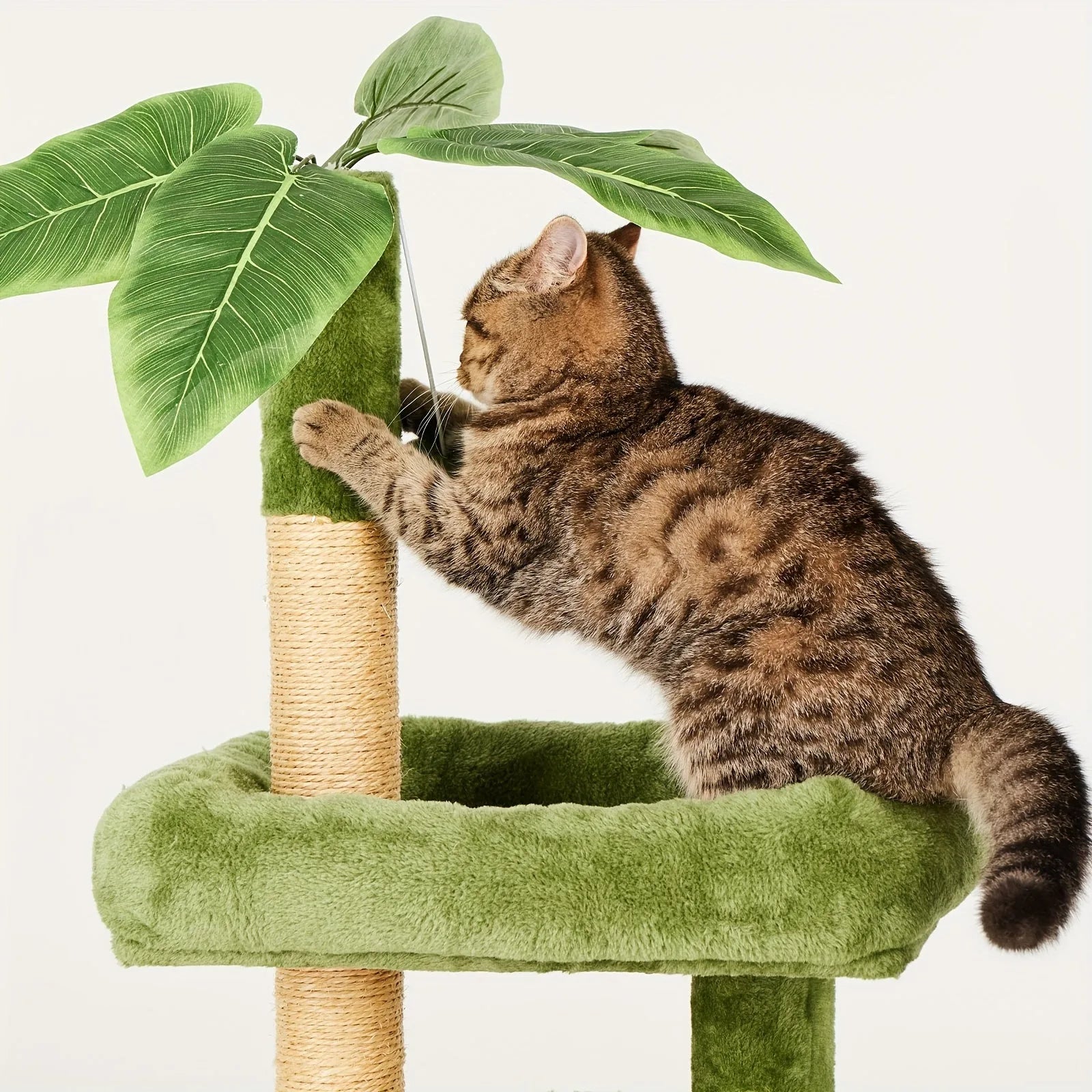 Brown tabby cat scratching post on the Cat Scratch Tower with green plush design