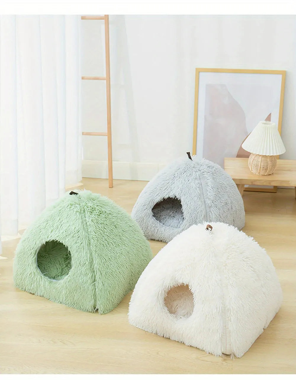 Green, gray, and white cat heated beds in a minimalist home setup, offering various color options.