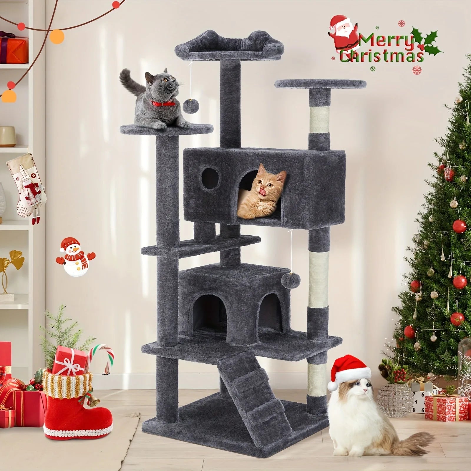 Grey cat tree in a festive living room, providing the perfect match for cats and Christmas trees.