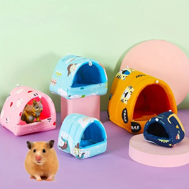 Hamster and other small pets enjoying colorful cat play houses in various sizes.