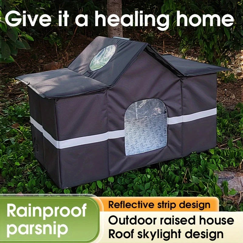 Outdoor cat house for winter with skylight design and reflective strip, providing a safe and comfortable space