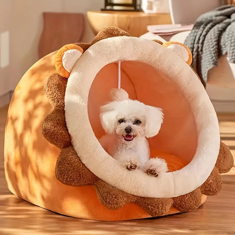 Happy small dog enjoying the comfort of a heated cat bed