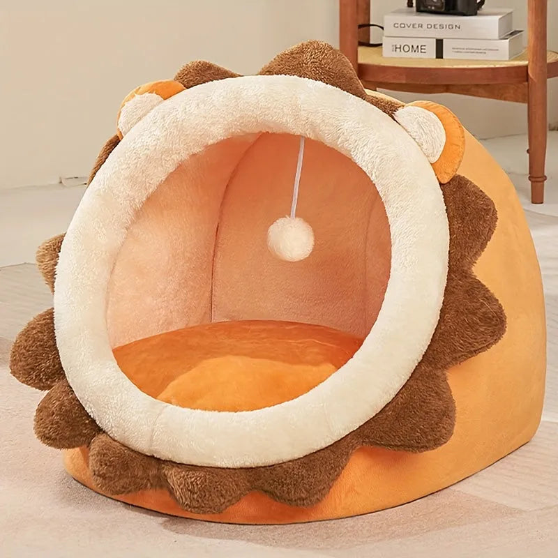 Plush heated cat bed in the shape of a lion's den for cozy comfort