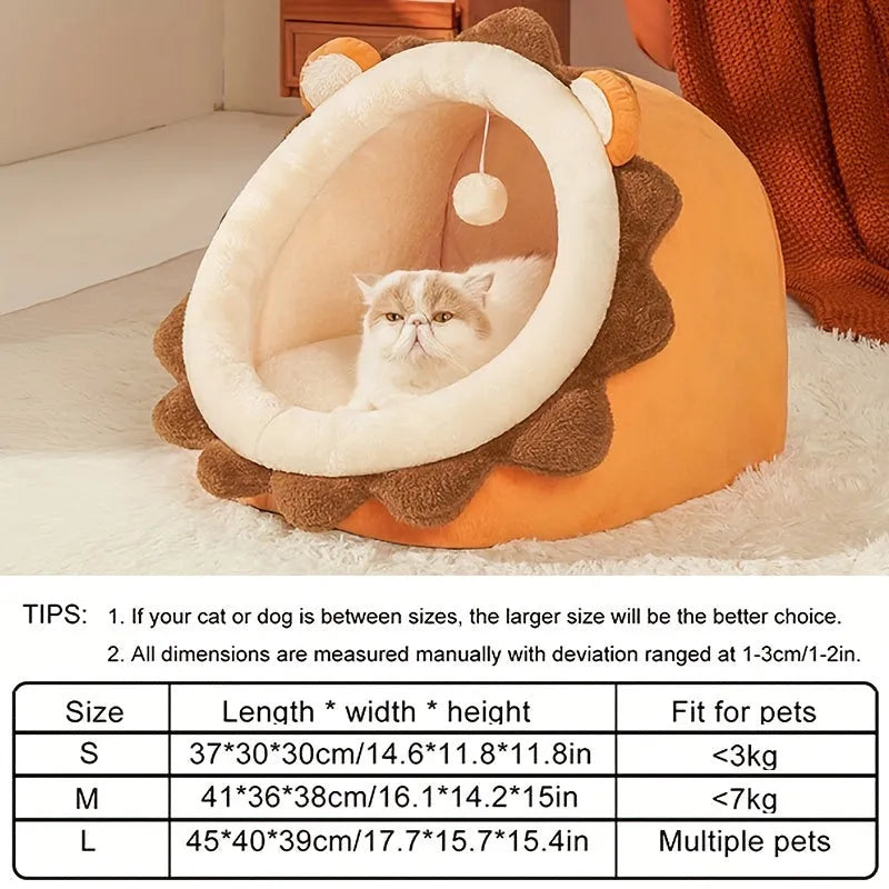 Heated cat bed size chart with a cat lounging inside the bed.