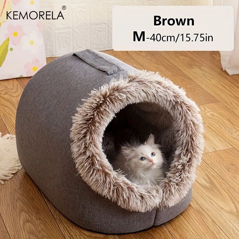 Large brown heated cat bed, providing extra space and warmth for bigger cats