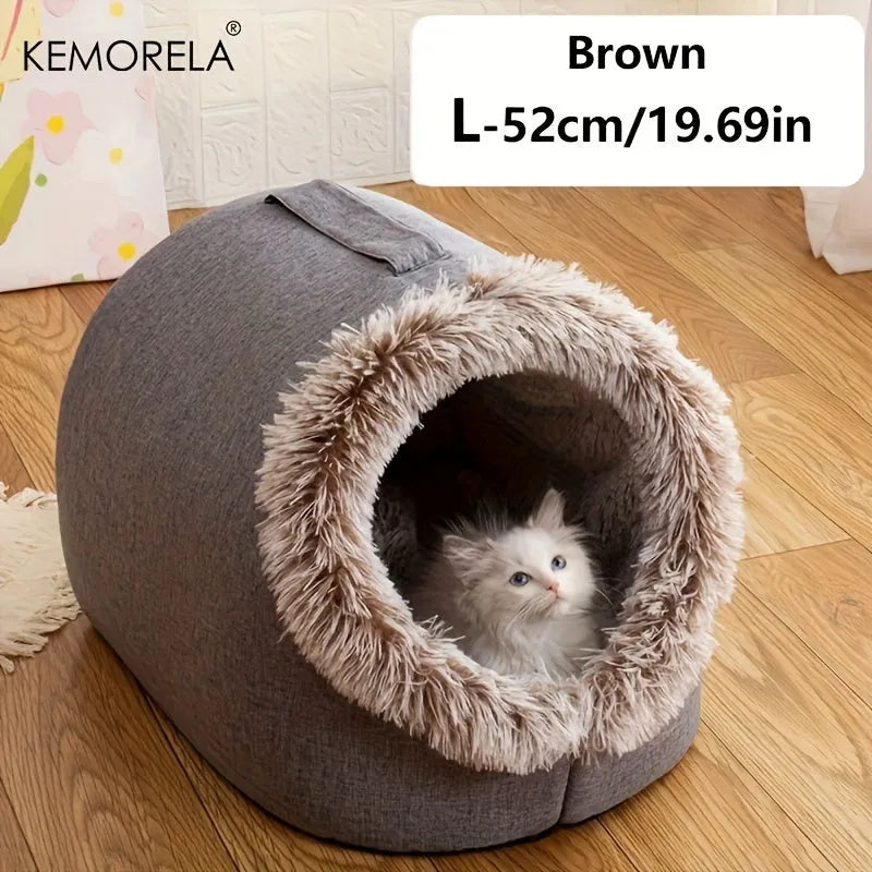 Elegant winter-themed heated cat bed, offering a cozy retreat for pets.