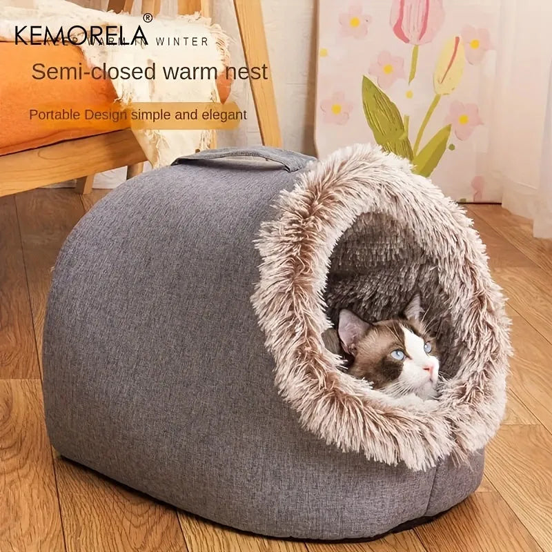 Semi-closed heated cat bed in a stylish design, offering warmth and privacy for cats