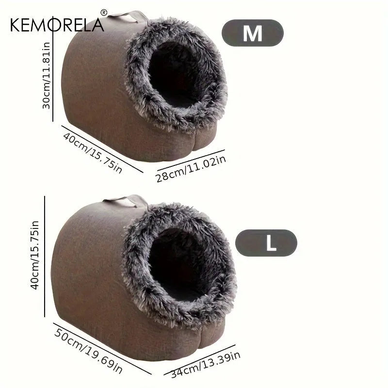 Heated cat beds with size comparison, showcasing medium and large options for pets.