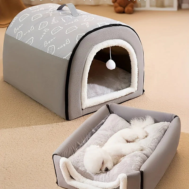 Heated cat house and matching bed set for ultimate comfort and warmth for pets.