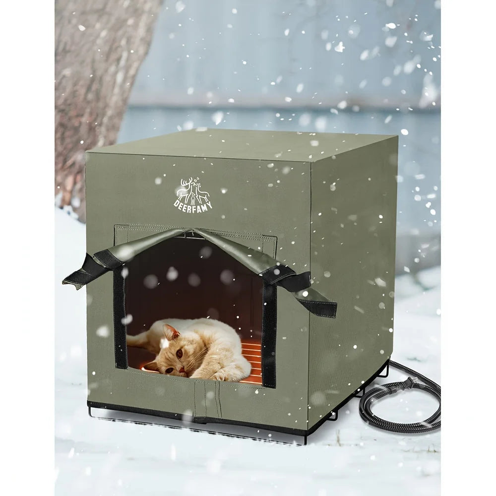 Outdoor heated cat house with a cozy interior, weatherproof design, and heating pad for winter warmth.