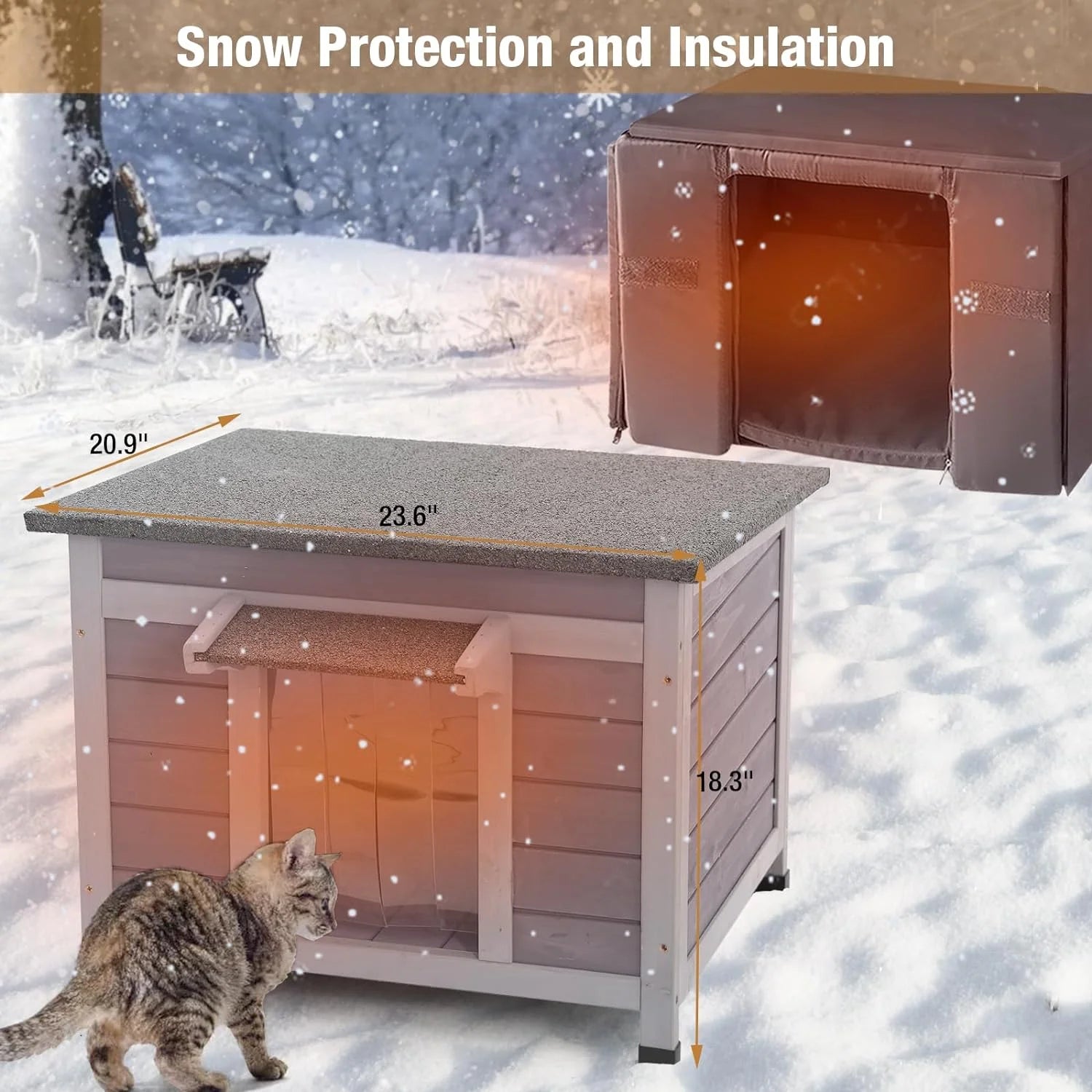 Heated cat house outdoor with dimensions highlighted for size reference, showcasing snow protection and insulation.