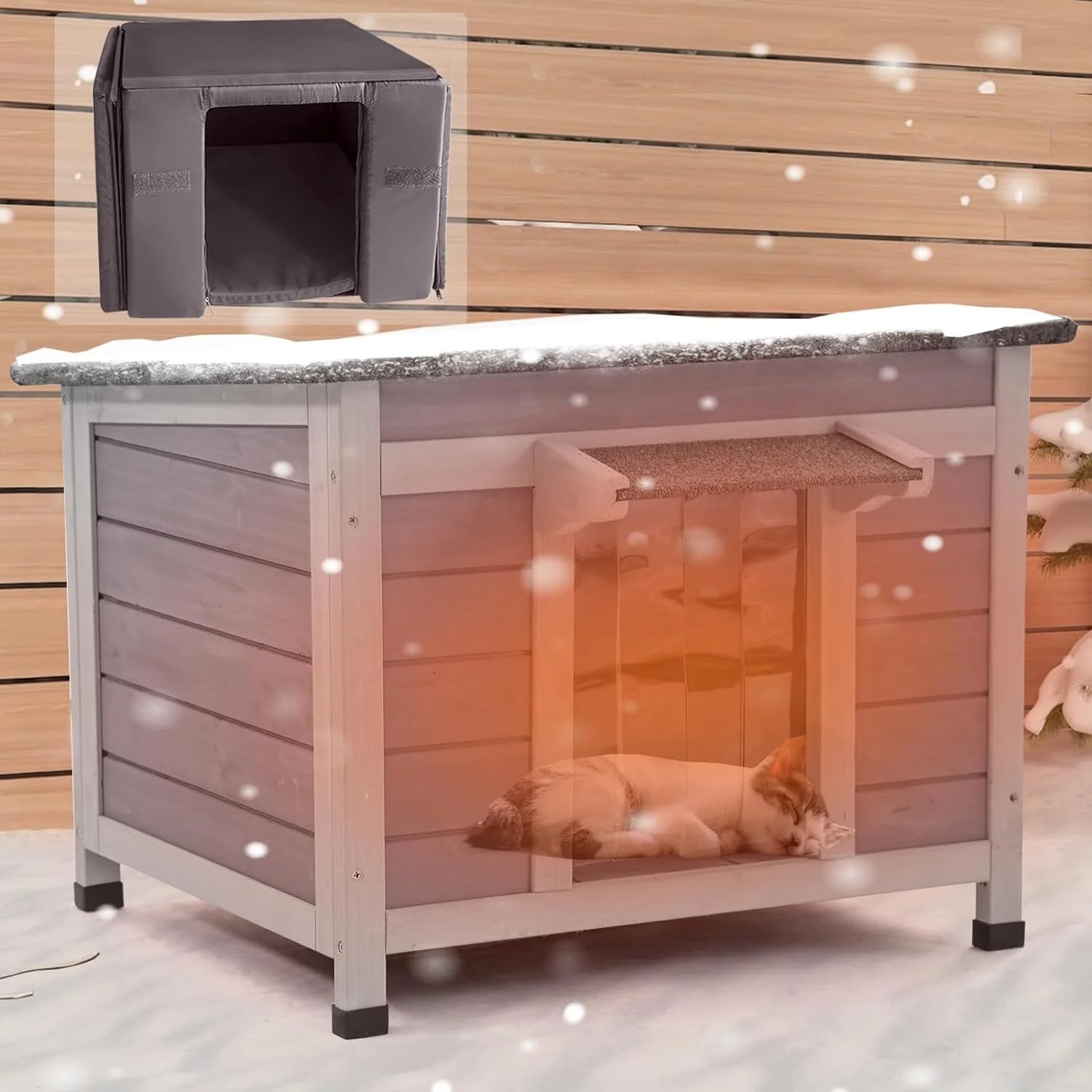 Heated cat house outdoor placed in a snowy environment, keeping a cat warm and comfortable.