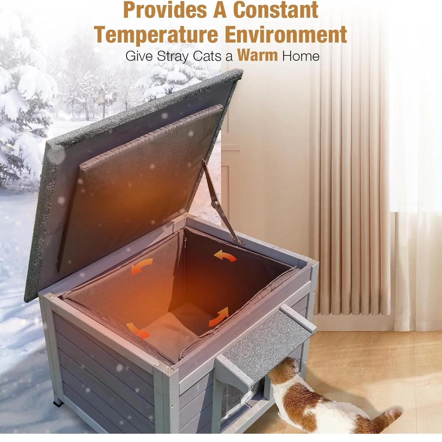 Heated cat house outdoor with a lifted top, revealing the insulated interior for constant temperature comfort.