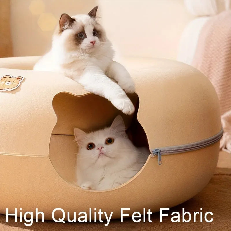  High-quality felt cat tunnel bed with adorable cat-shaped entrances, providing a comfortable space for playful and resting cats.