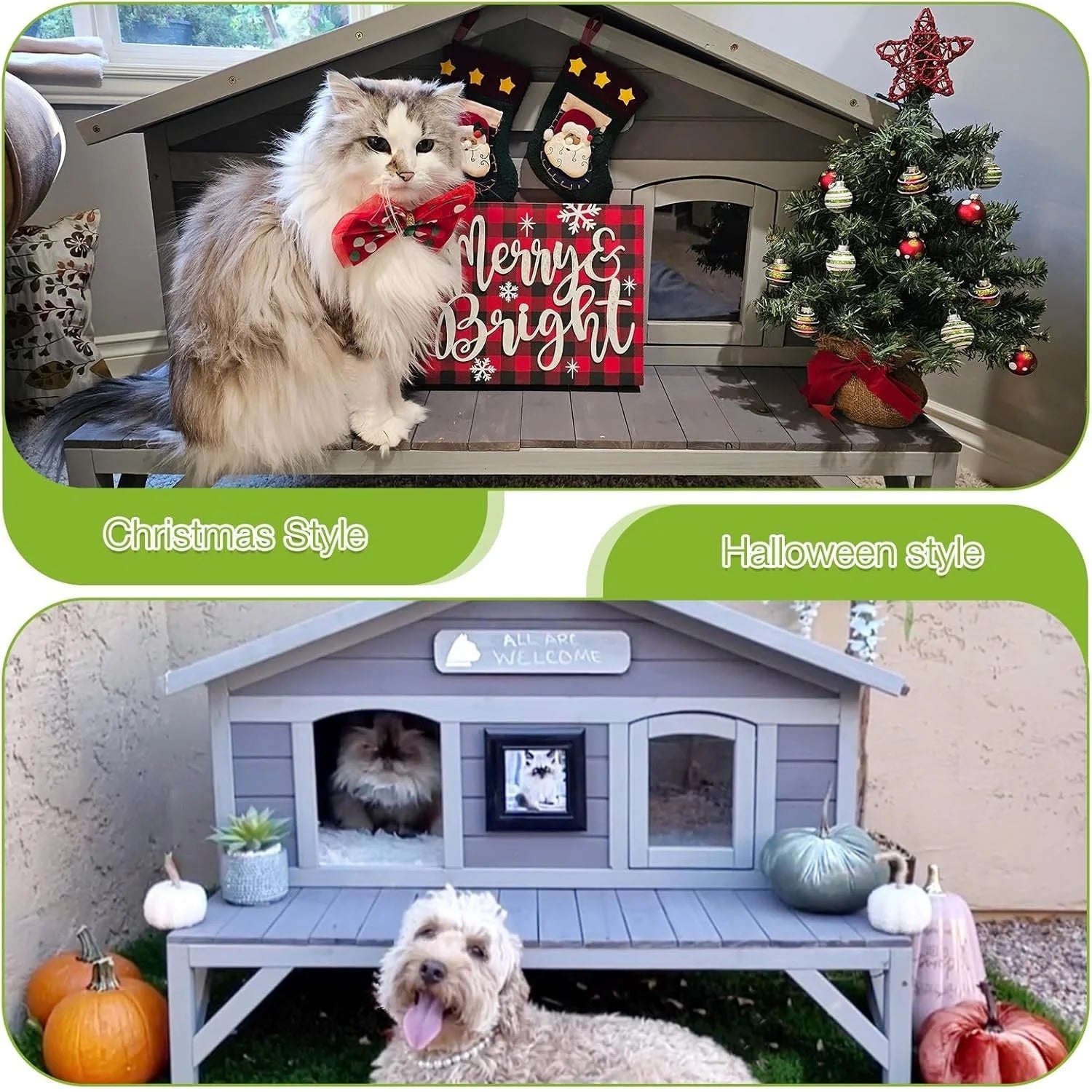 Heated cat house for outdoor cats with Christmas and Halloween-themed decorations, offering style and comfort for pets.