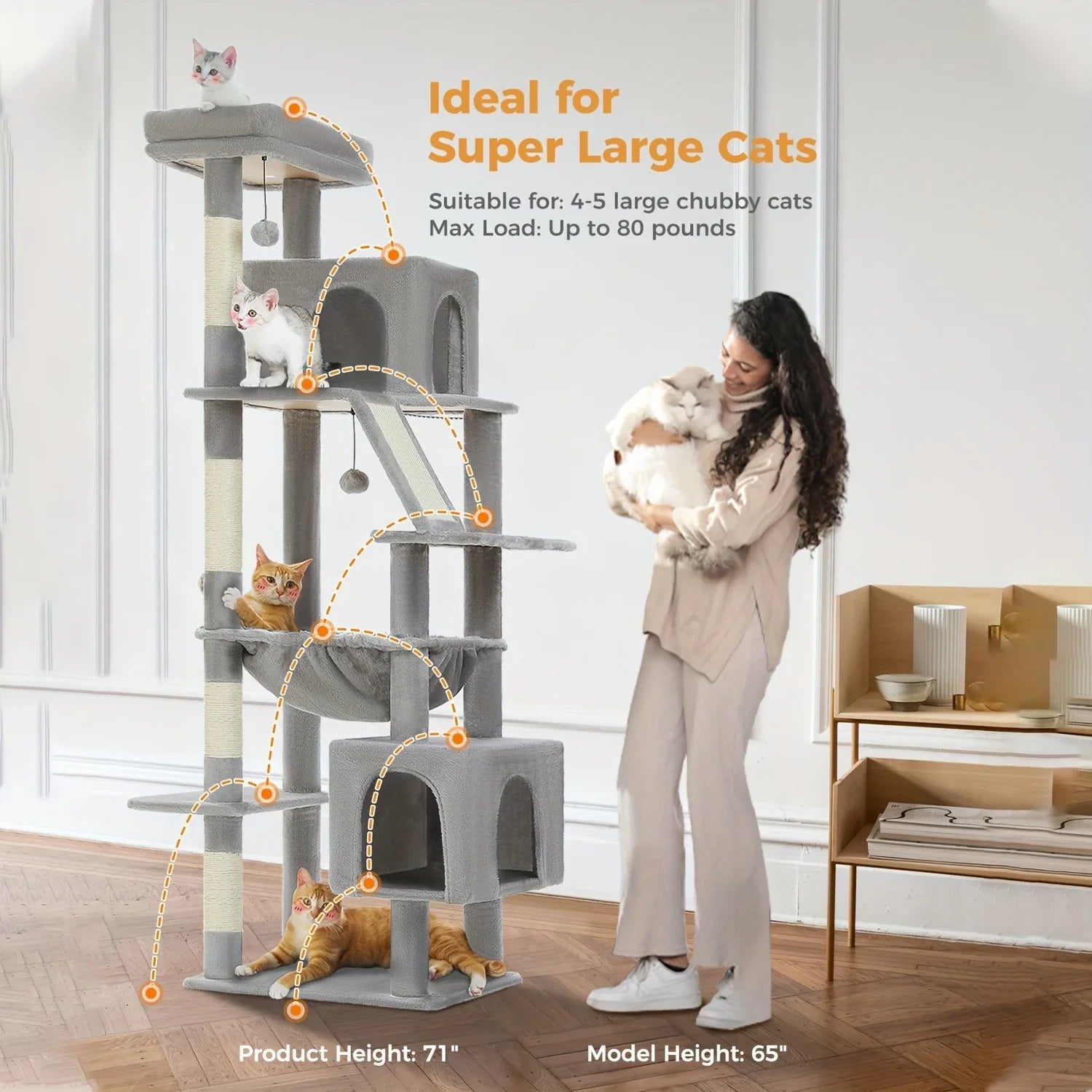 est cat tree for large cats, suitable for 4-5 chubby cats, with a 71-inch height and a maximum load of 80 pounds for spacious play and rest.