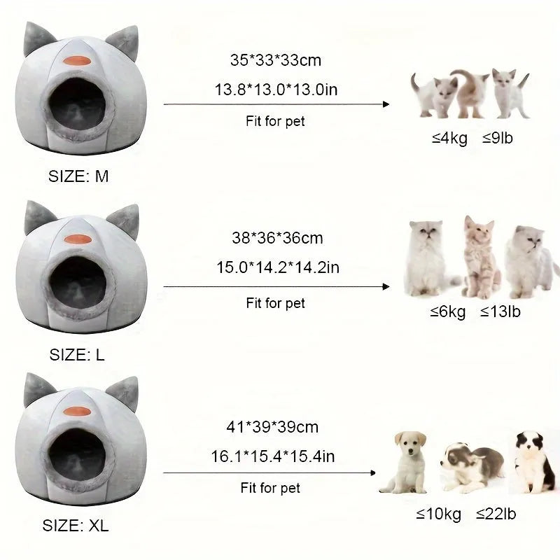 Size chart for indoor heated cat beds showing dimensions and weight recommendations for different pets.