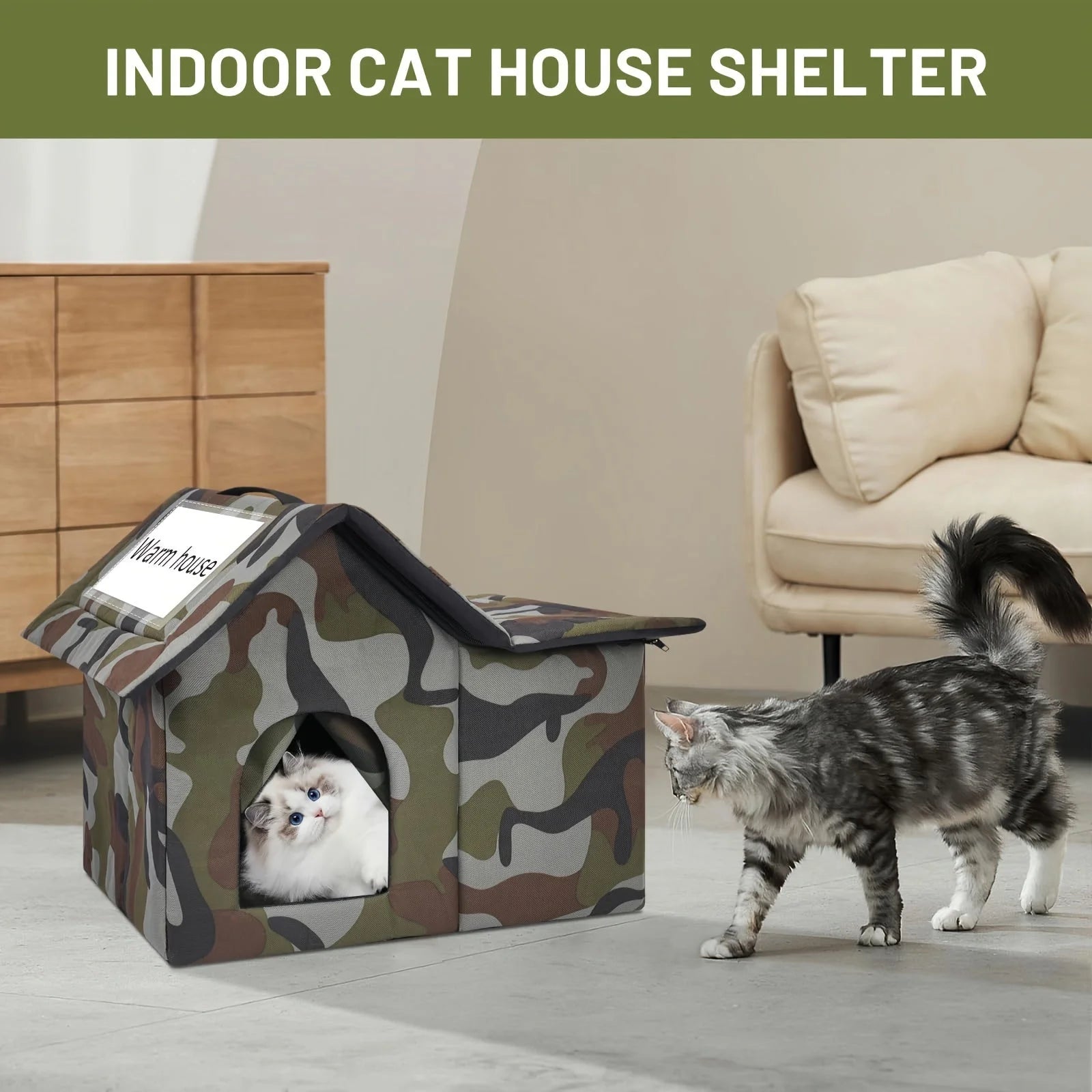 Indoor and outdoor camouflage cat house shelter, perfect for winter protection and comfort