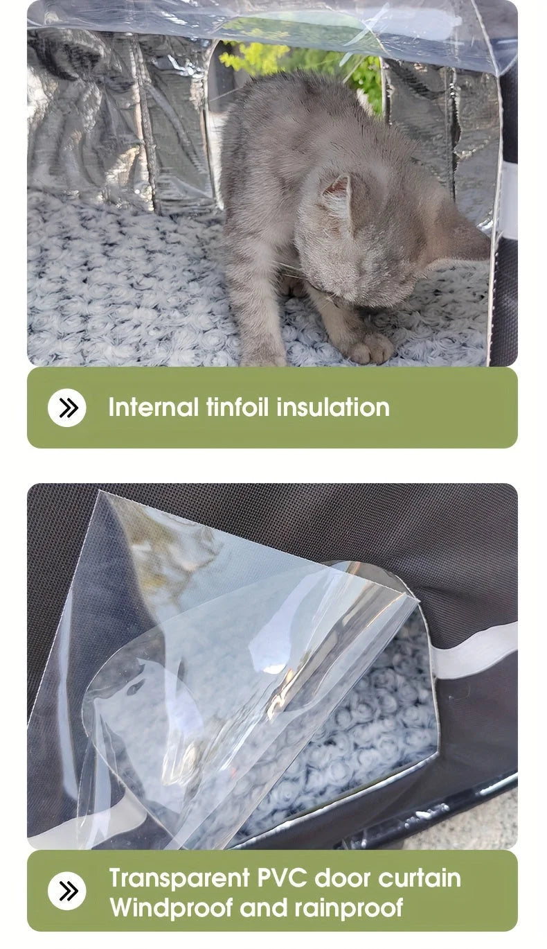 Outdoor cat house for winter with internal tinfoil insulation and a transparent PVC door curtain for windproof protection