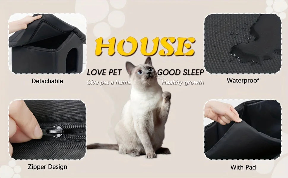 Insulated cat house for winter with detachable roof, waterproof material, zipper design, and included pad.