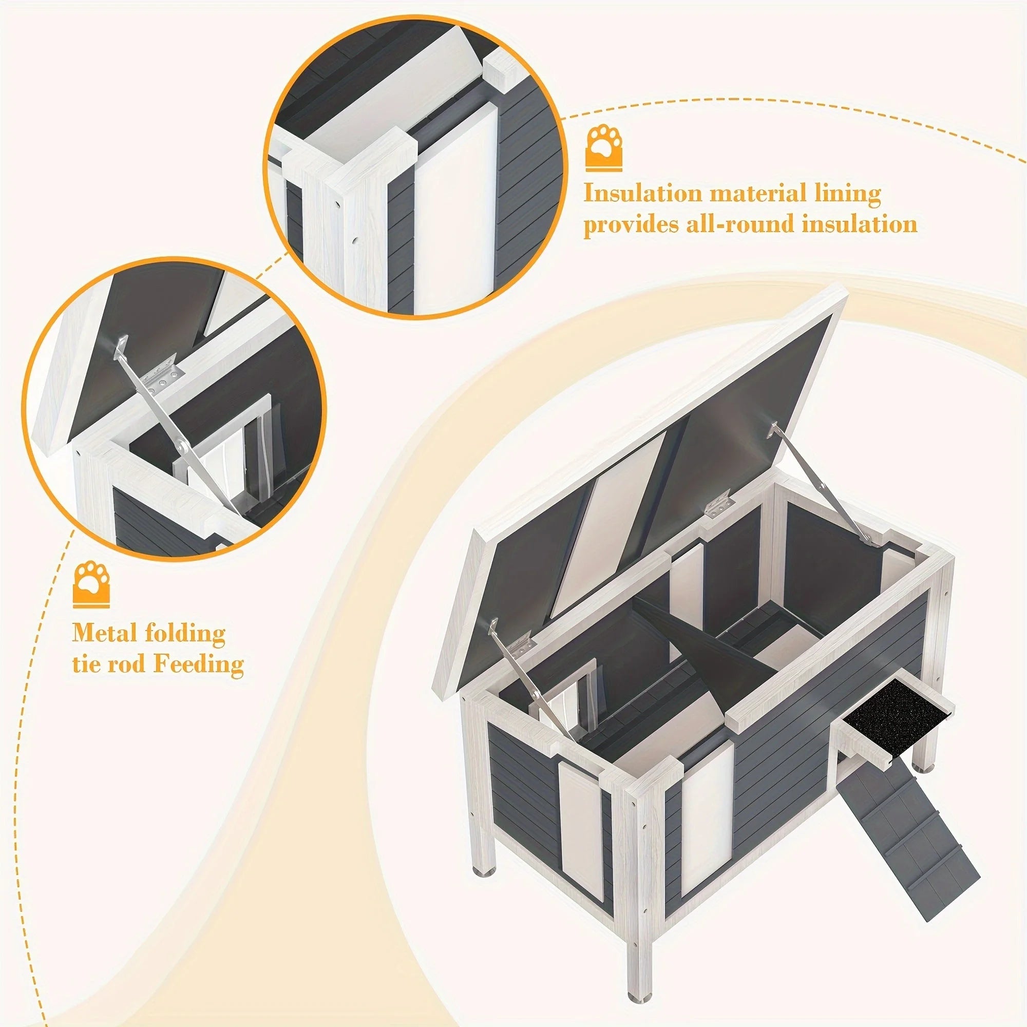 Outdoor cat house with insulated walls and a foldable roof for easy cleaning and feeding.