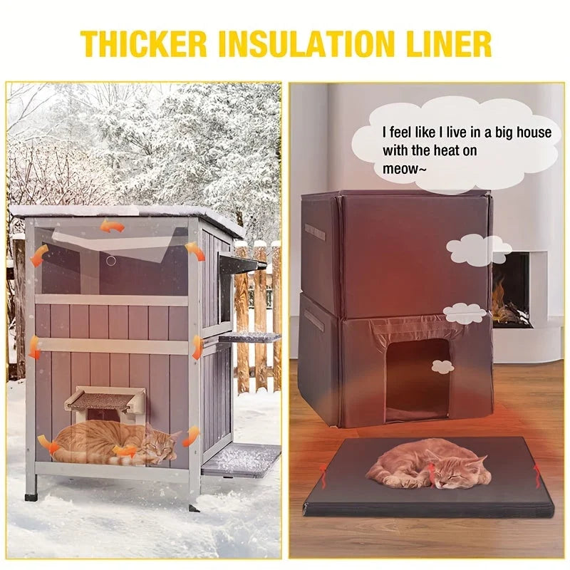 Comparison of insulated outdoor cat house in winter conditions versus an exposed outdoor setting, highlighting warmth and comfort