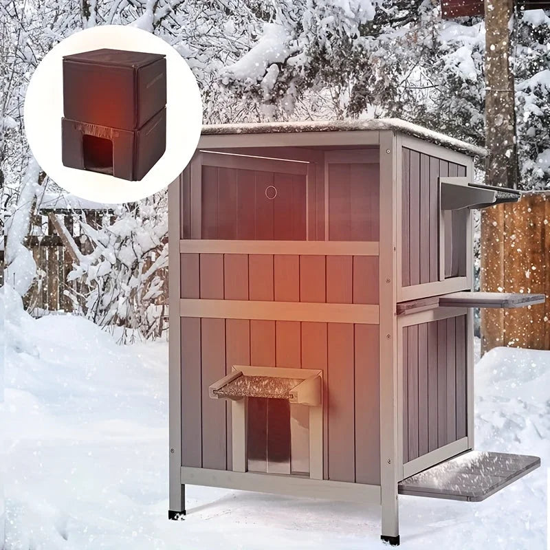 A fluffy cat enjoying the insulated outdoor cat house, emphasizing warmth, comfort, and pet-friendly design