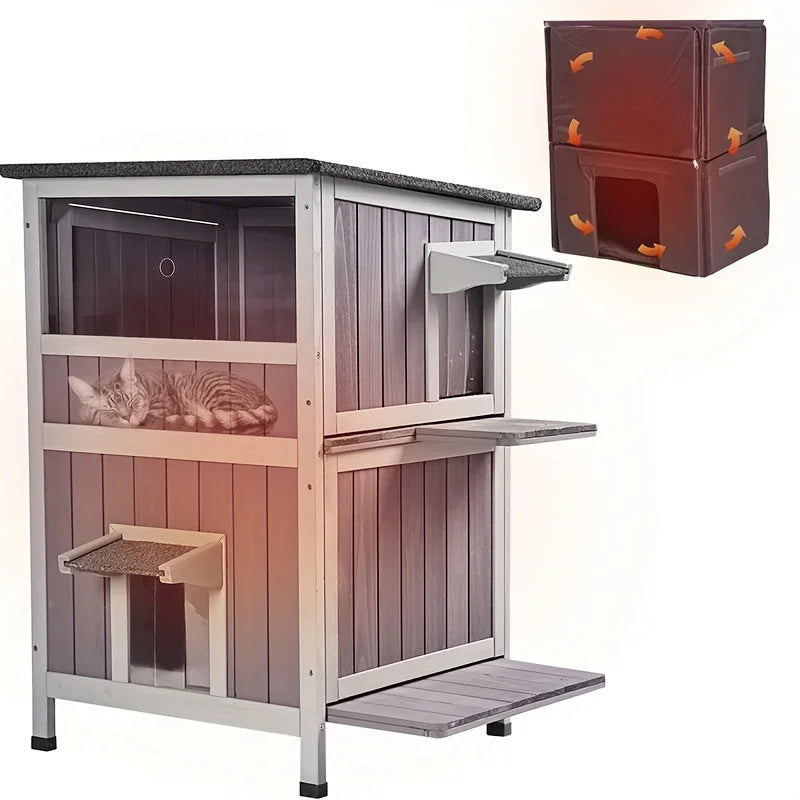 Modern insulated outdoor cat house design featuring multiple levels and cozy compartments for pets to rest.