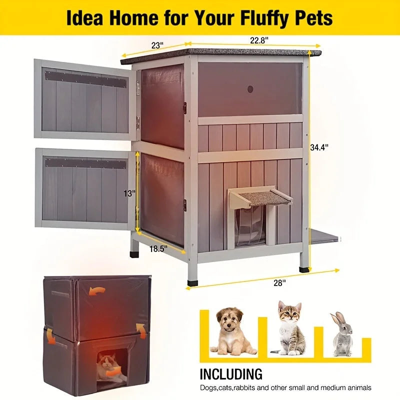 Detailed dimensions of an insulated outdoor cat house, suitable for dogs, cats, rabbits, and other small to medium pets.